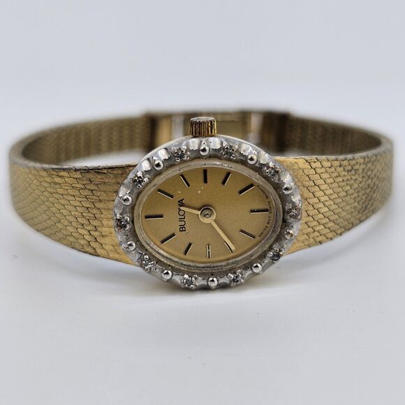 VTG Bulova Swiss Women's Watch 18MM Gold Dial Gold Bracelet Band 6" New Battery - Picture 1 of 13